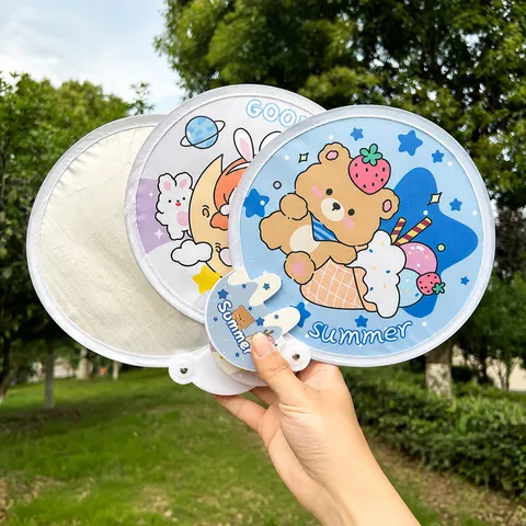 Cute Cartoon Folding Fan Portable Mini Round Fan Storage Bag Student Summer Cooling Handheld Fabric Fan