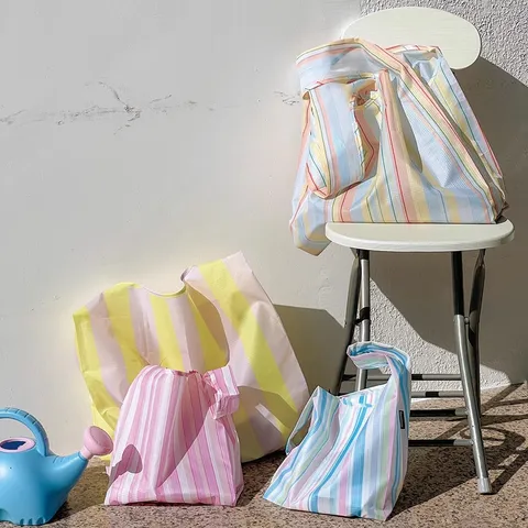 Mini Foldable Shopping Bag Waterproof Reusable Eco Friendly Tote Bag Portable Travel Storage Handbag With Striped Pattern