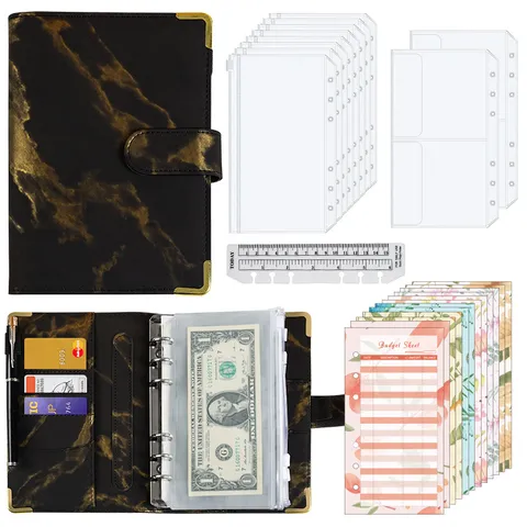A6 PU Leather Loose Leaf Binder Notebook Marble Pattern Planner Organizer With Pockets And Budget Sheets For Office