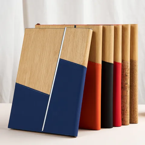 Business Notebook Three Fold Wood Grain Patchwork Faux Leather Journal Hardcover Office School Writing Book