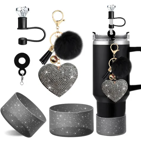 Glitter Silicone Cup Sleeve Set With Rhinestone Heart Tassel Keychain Straw Cover For Tumbler Accessories