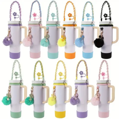 Ensemble d'Accessoires de Bouteille d'Eau en Silicone Hotte Sangle de Poignée Couverture de Paille Chaîne de Tasse Pochette Charme Décoratif pour Grand Gobbelet