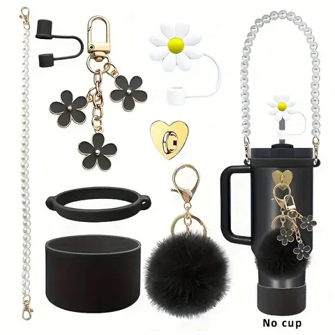 Ensemble d'Accessoires pour Bouteille d'Eau Isotherme Chaîne Poignée Perle Pendentif Pompon Botte en Silicone Couvercle Anti-poussière pour Paille