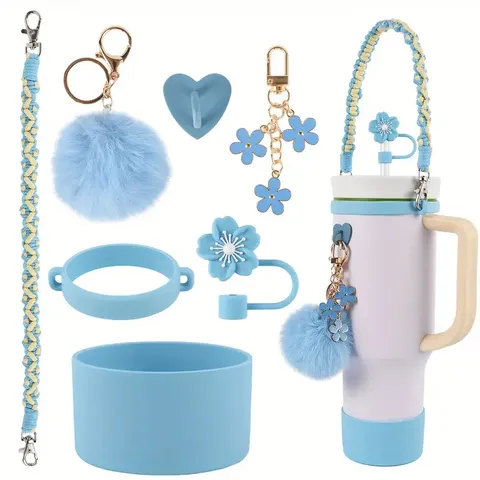 Ensemble d'Accessoires de Bouteille d'Eau en Silicone Hotte Sangle de Poignée Couverture de Paille Chaîne de Tasse Pochette Charme Décoratif pour Grand Gobbelet