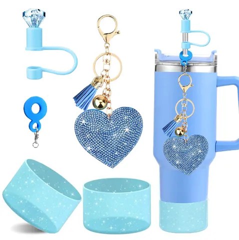 Glitter Silicone Cup Sleeve Set With Rhinestone Heart Tassel Keychain Straw Cover For Tumbler Accessories