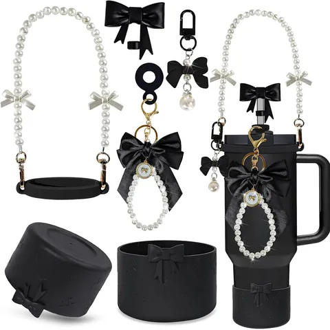 Housse de Fond de Bouteille d'Eau en Silicone Couvercle de Paille Sangle de Poignée de Perle Nœud Papillon Porte-Clés Accessoires de Tasse pour Gobelet