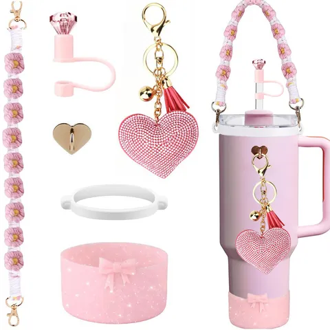 Large Capacity Tumbler Accessories Set Silicone Boot Straw Cover Daisy Strap Rhinestone Heart Keychain Cup Charm