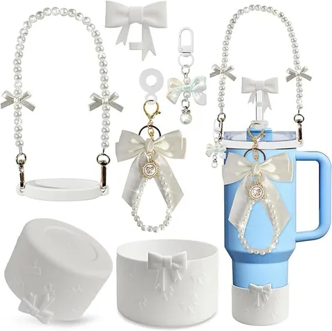 Housse de Fond de Bouteille d'Eau en Silicone Couvercle de Paille Sangle de Poignée de Perle Nœud Papillon Porte-Clés Accessoires de Tasse pour Gobelet
