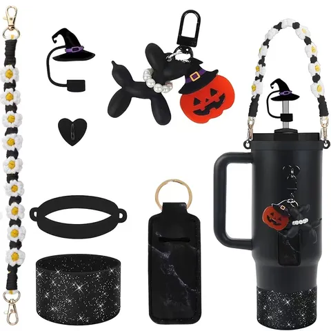 Conjunto de Funda y Correa para Botella de Agua de Navidad Con Colgante de Peluche Cubierta de Paja Decoración Festiva