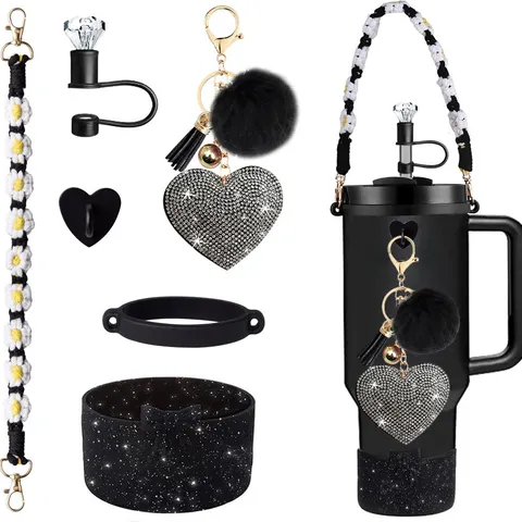Large Capacity Tumbler Accessories Set Silicone Boot Straw Cover Daisy Strap Rhinestone Heart Keychain Cup Charm