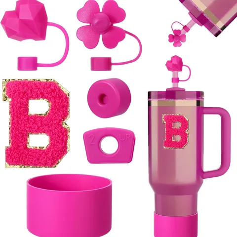 Cute Pink Silicone Tumbler Accessories Set Heart Straw Toppers Cup Bottom Boot Letter Patch Cup Decor