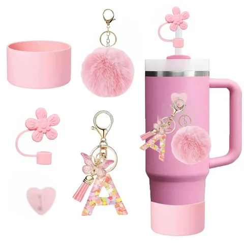 Pinkes Becher Zubehör Set Silikonboden Strohhalm Aufsatz Harz Buchstaben Schmetterling Schlüsselanhänger Bommel Anhänger