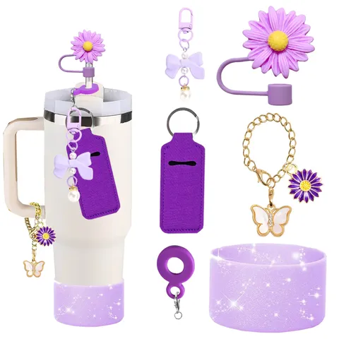 Tumbler Accessories Set Silicone Straw Cover Bowknot Flower Pendant Cup Chain Bottom Protective Sleeve