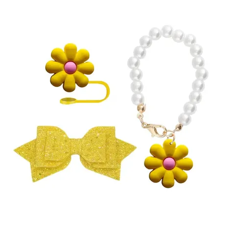 Tumbler Cup Accessories Charm Set Glitter Bow Flower Straw Cover And Pearl Cup Chain Silicone Drinkware Decoration