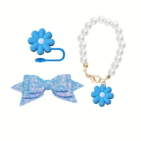 Tumbler Cup Accessories Charm Set Glitter Bow Flower Straw Cover And Pearl Cup Chain Silicone Drinkware Decoration