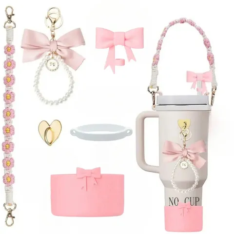 Cute Water Bottle Accessories Set Bowknot Pearl Pendant Woven Strap Silicone Bottom Boot Cup Chain Sleeve