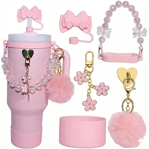 Cute Cup Accessories Set Include Bow Straw Cover Pom Pom Bead Chain Flower Pendant Silicone Sleeve For Tumbler
