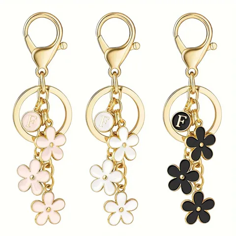 Metal Initial Letter Flower Keychain Cute Floral Bag Car Hanging Ornament Enamel Key Chain Women Fashion Jewelry
