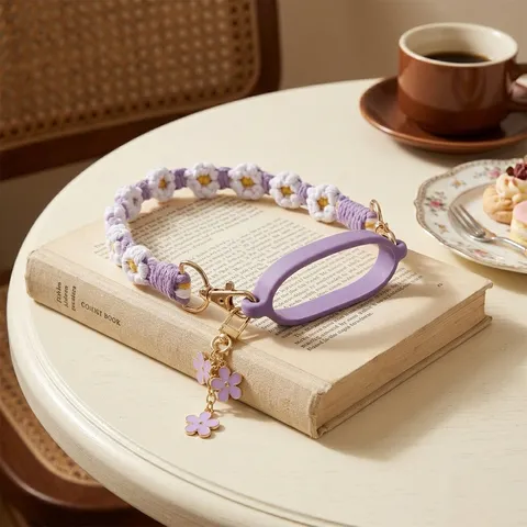 Ins Style Handmade Woven Water Cup Lanyard Daisy Floral Thermos Bottle Strap With Silicone Ring And Metal Pendant