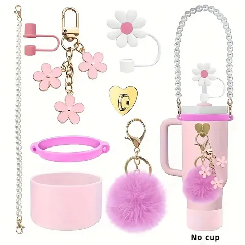 Ensemble d'Accessoires pour Bouteille d'Eau Isotherme Chaîne Poignée Perle Pendentif Pompon Botte en Silicone Couvercle Anti-poussière pour Paille