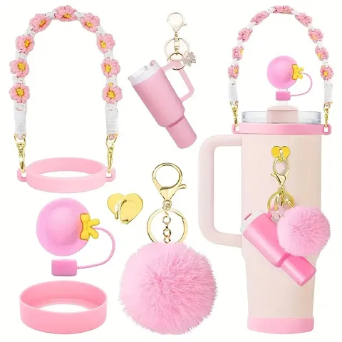 Niedlicher Blumen Strohhalm Topper Silikon Tassenstiefel Pom Pom Anhänger Lippenstift Halter Griff Kette Für Große Kapazität Becher