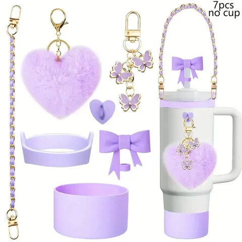 Water Bottle Accessories Set Butterfly Keychain Plush Heart Pendant Metal Chain Silicone Boot Cup Charm Jewelry Gift