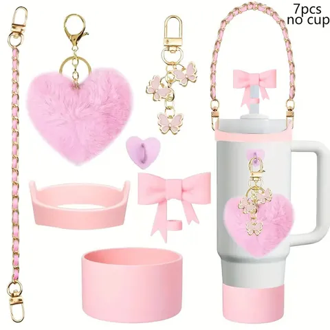 Water Bottle Accessories Set Butterfly Keychain Plush Heart Pendant Metal Chain Silicone Boot Cup Charm Jewelry Gift