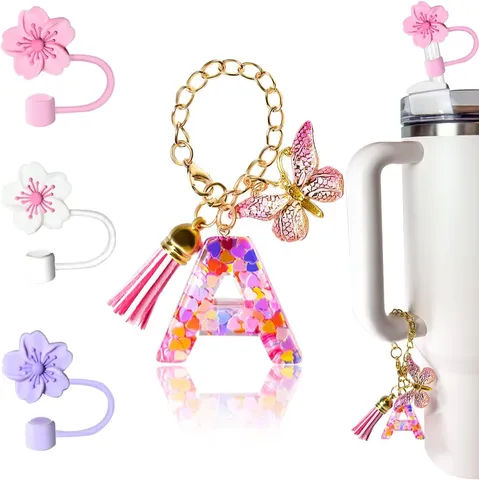 Set Accessori per Tazza Pendente Lettera Iniziale Farfalla Nappa Copertura di Paglia Tappo Antipolvere in Silicone