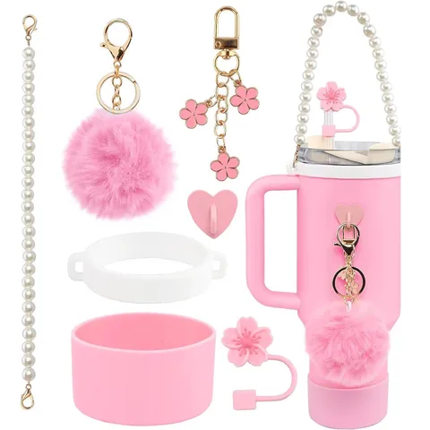 Pearl Chain Handbag Plush Ball Pendant Silicone Straw Cap Cup Strap Water Bottle Accessories Set For Tumbler