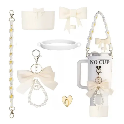 Cute Water Bottle Accessories Set Bowknot Pearl Pendant Woven Strap Silicone Bottom Boot Cup Chain Sleeve