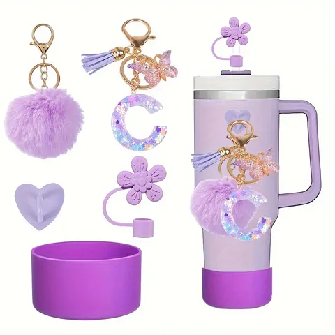 Tumbler Accessories Set Resin Letter Butterfly Keychain Pompom Flower Straw Cover Cup Boot 5-Piece Set