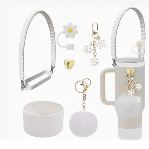 Tumbler Accessory Set Silicone Boot Strap Straw Cover Metal Chain Plush Ball Pendant For Large Capacity Cup Decorative Kit