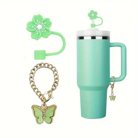 Silicone Straw Cover And Rhinestone Butterfly Chain Set Cute Flower Straw Topper Cup Decorative Accessories