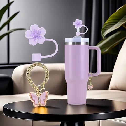 Silicone Straw Cover And Rhinestone Butterfly Chain Set Cute Flower Straw Topper Cup Decorative Accessories