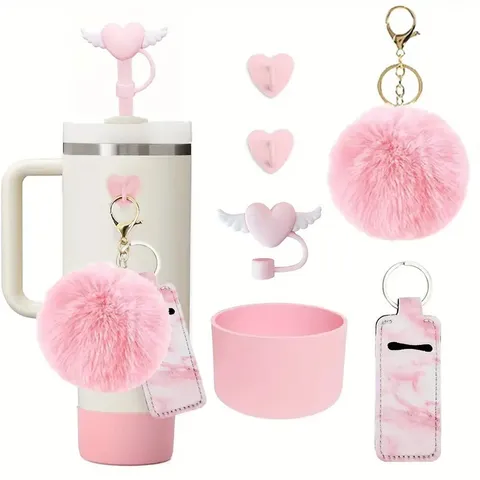 Trinkbecher Zubehör 6 Stück Set Silikon Schutzhülle Bommel Anhänger Strohhalm Abdeckung Herz Haken Lippenstift Etui