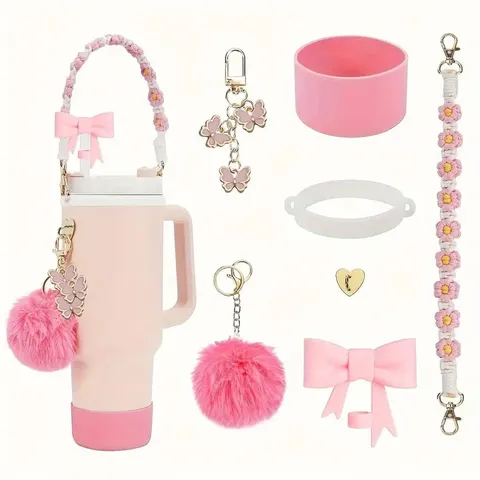 Insulated Tumbler Cup with Cute Butterfly Plush Pendant Braided Flower Chain Bow Cup Sleeve Drinkware