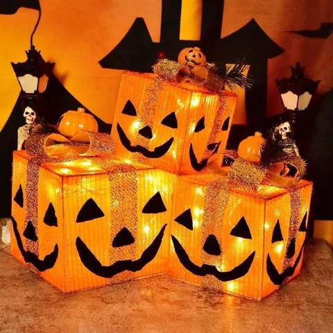 Halloween Leuchtende Kürbis Geschenkbox Set LED Beleuchtet Eisenkunst Dekorative Ornamente Für Festival Party Heimdekoration