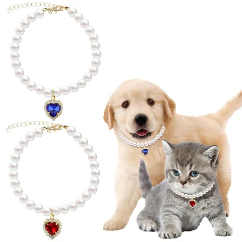 Collana per Animali Domestici con Perle e Perline di Caramelle Collare per Cani e Gatti Carino Lunghezza Regolabile Ciondolo a Cuore in Strass Accessori alla Moda
