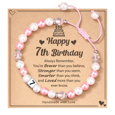 Handmade Artificial Pearl Beaded Birthday Bracelet with Card Stainless Steel Square Bead Adjustable Friendship Jewelry Gift