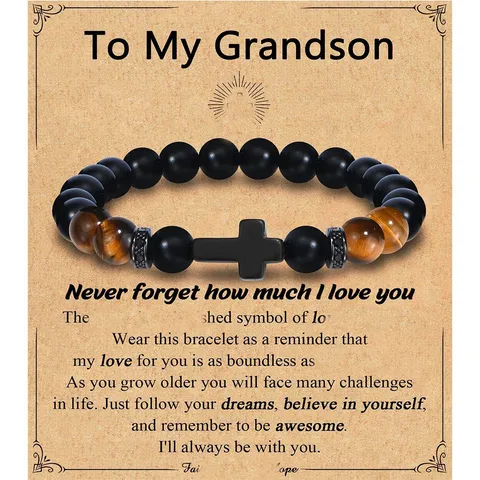 Natural Obsidian Tiger Eye Stone Beaded Bracelet With Black Cross Pendant Men Women Adjustable Rope Jewelry Gift