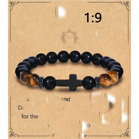 Natural Obsidian Tiger Eye Stone Beaded Bracelet With Black Cross Pendant Men Women Adjustable Rope Jewelry Gift