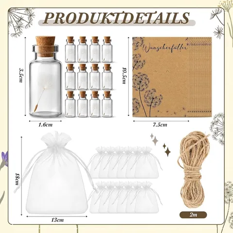 Mini Bouteille en Verre Fleurs Séchées Set Cadeau Commémoratif Avec Carte de Condoléances Fiole en Verre Sac en Organza