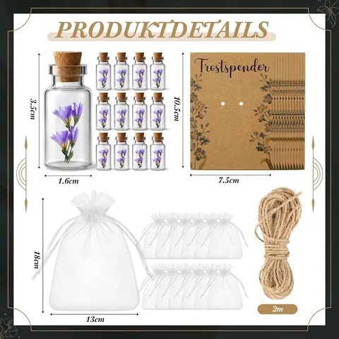 Mini Glass Bottle Dried Flower Memorial Gift Set With Condolence Card Glass Vials Organza Bag For Sympathy Remembrance