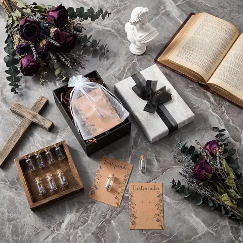 Mini Glass Bottle Dried Flower Memorial Gift Set With Condolence Card Glass Vials Organza Bag For Sympathy Remembrance