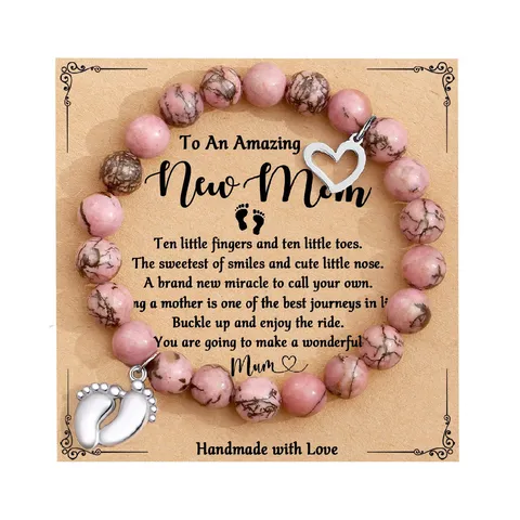 Mother's Day Natural Stone Bead Bracelet With Footprint Pendant And Greeting Card Women Fashion Jewelry Gift