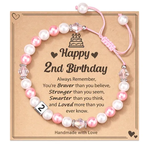 Handmade Artificial Pearl Beaded Birthday Bracelet with Card Stainless Steel Square Bead Adjustable Friendship Jewelry Gift