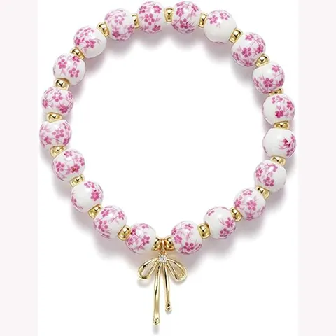 Blue and White Porcelain Ceramic Floral Bead Bracelet With Gold Bowknot Rhinestone Pendant Elastic Friendship Jewelry