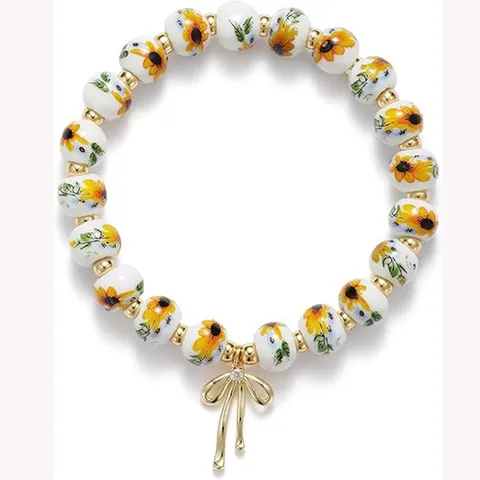 Blue and White Porcelain Ceramic Floral Bead Bracelet With Gold Bowknot Rhinestone Pendant Elastic Friendship Jewelry
