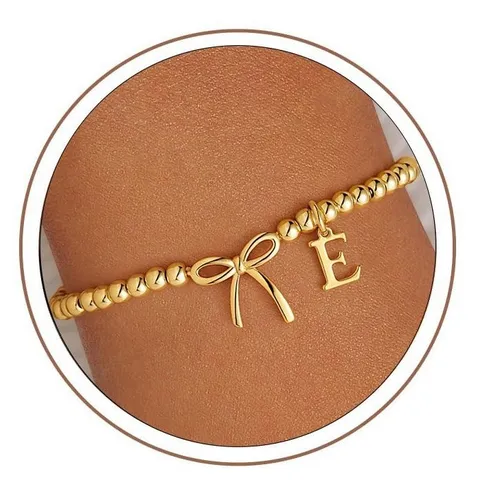 Minimalist Stainless Steel Bowknot Letter Charm Beaded Elastic Bracelet Gold Silver Tone Fashion Hand Jewelry Gift For Women
