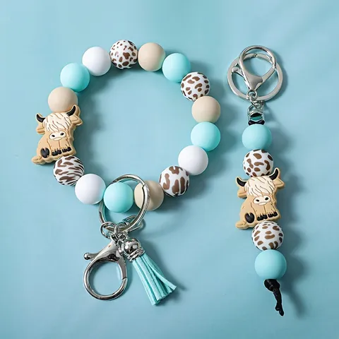 Highland Cow Silicone Bead Keychain Wristlet Tassel Cute Animal Key Ring Fashion Bag Charm Jewelry Gift for Women